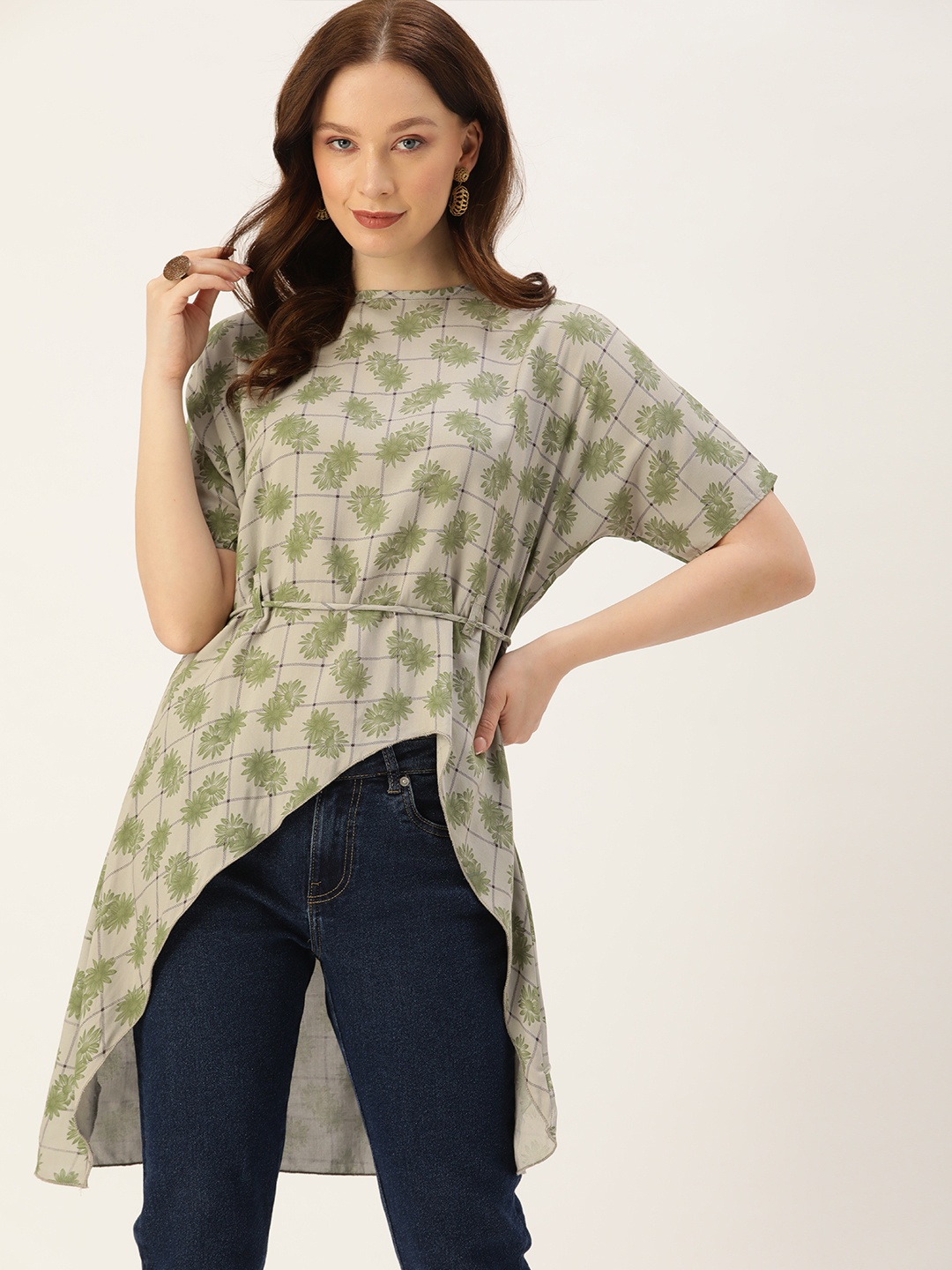 

COUPER & COLL Women Olive Green Floral Printed Asymmetric Top