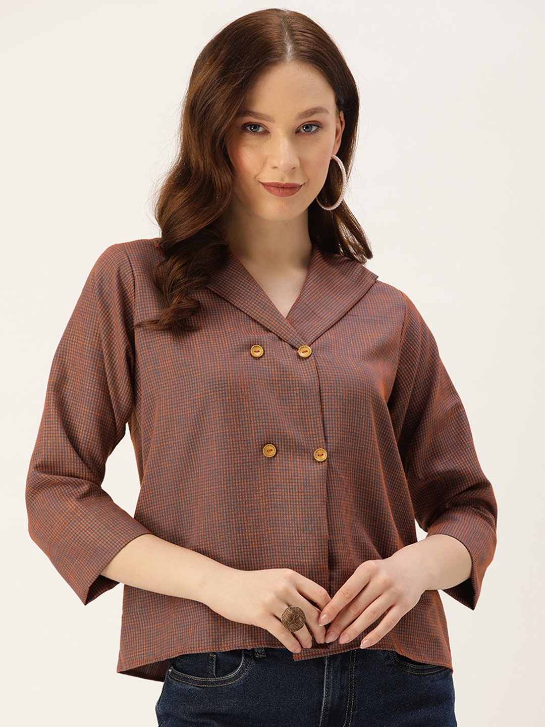 

COUPER & COLL Women Orange & Brown Checked Top