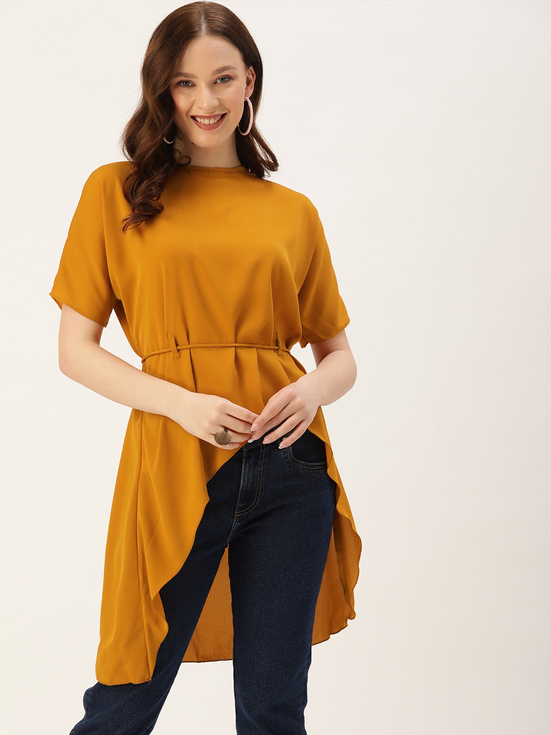 

COUPER & COLL Women Mustard Yellow Solid High-Low Longline Top