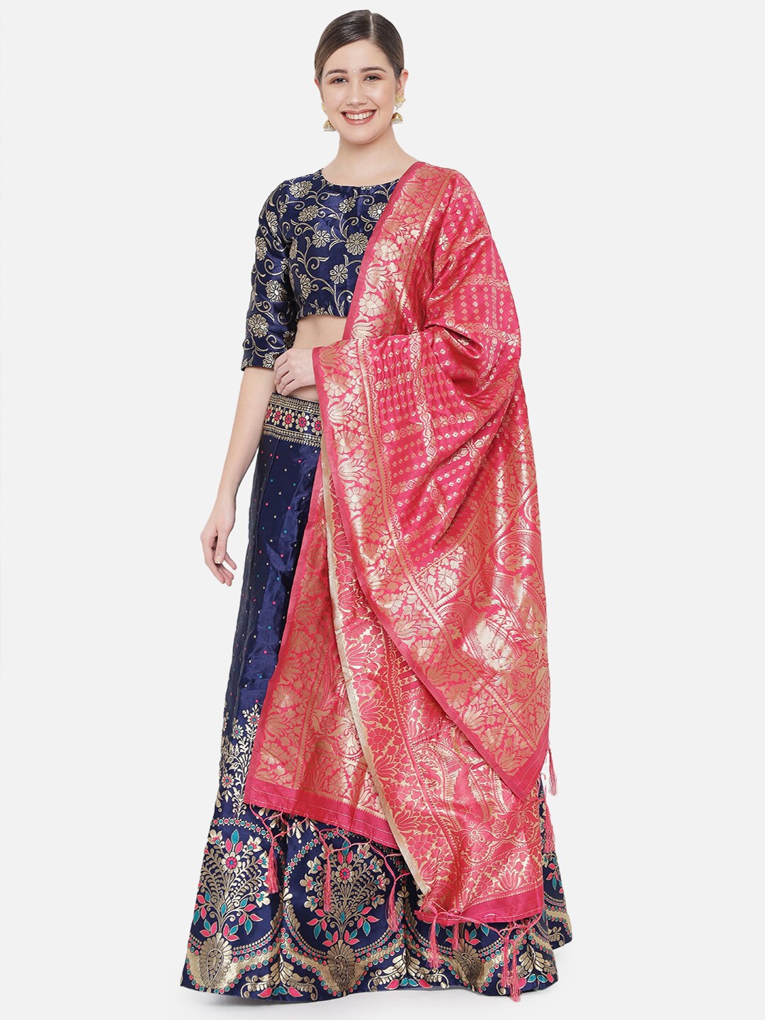 

DIVASTRI Navy Blue & Pink Woven Design Ready To Wear Lehenga & Choli With Dupatta