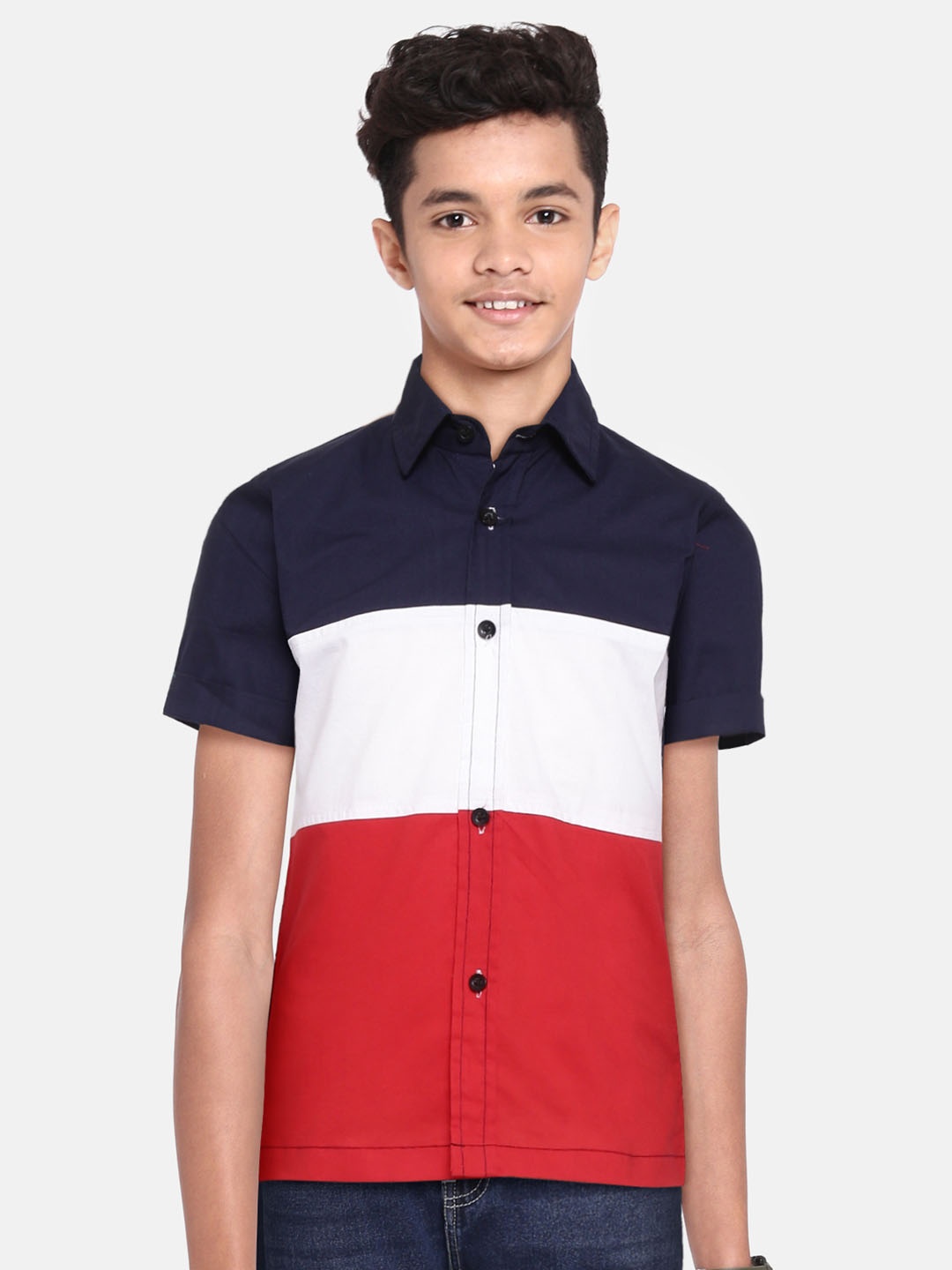 

YK Boys White & Navy Blue Colourblocked Casual Shirt