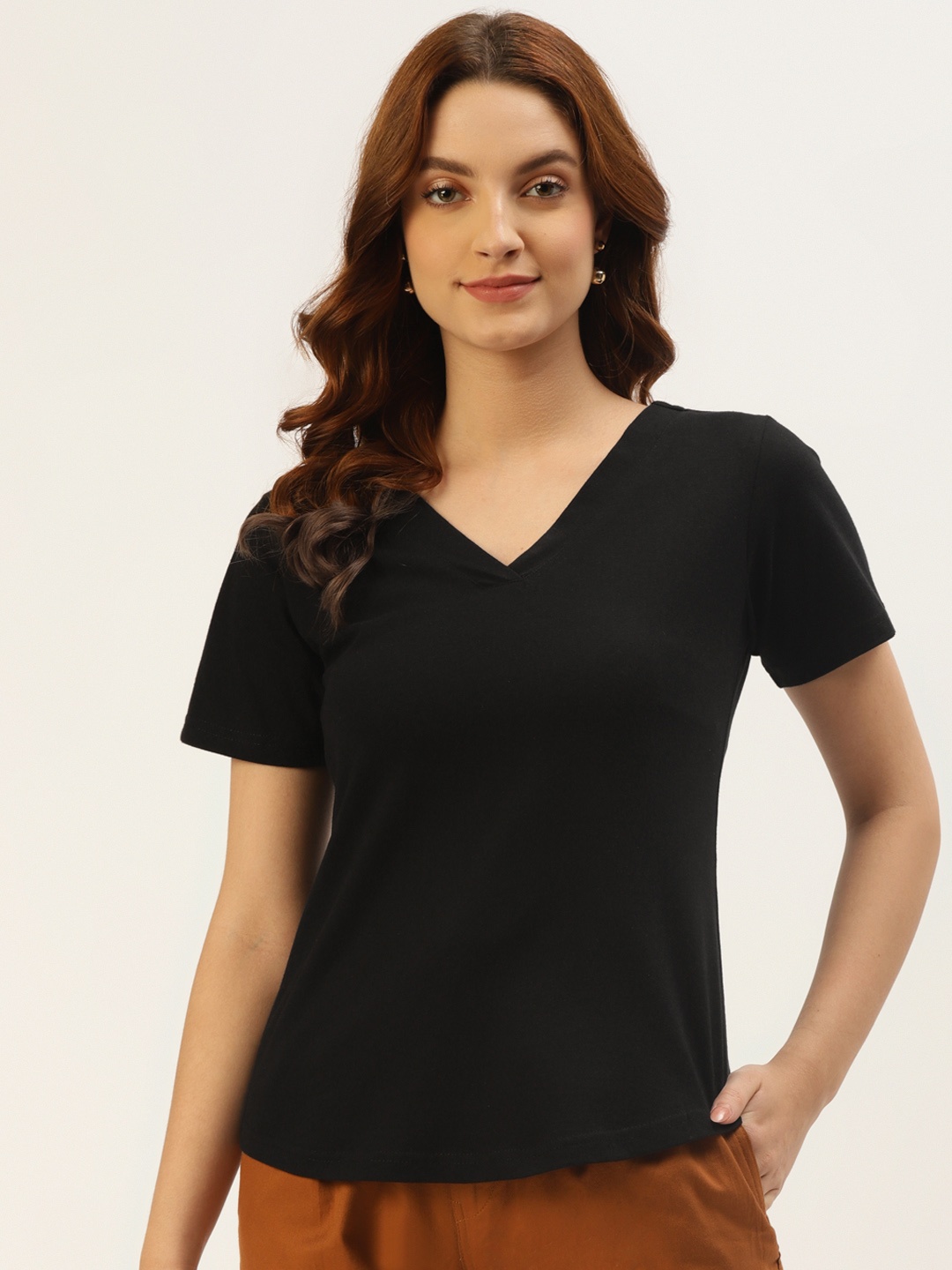 

BRINNS Women Black Solid V-Neck Pure Cotton T-shirt