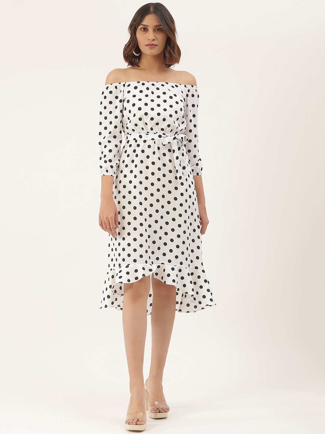 

BRINNS White & Black Off-Shoulder A-Line Midi Dress