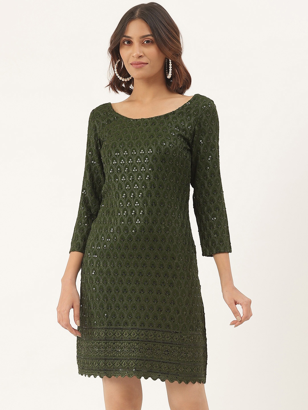 

BRINNS Olive Green Embellished A-Line Dress