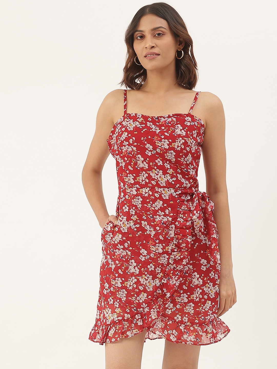 

BRINNS Red & White Floral Layered Georgette A-Line Dress