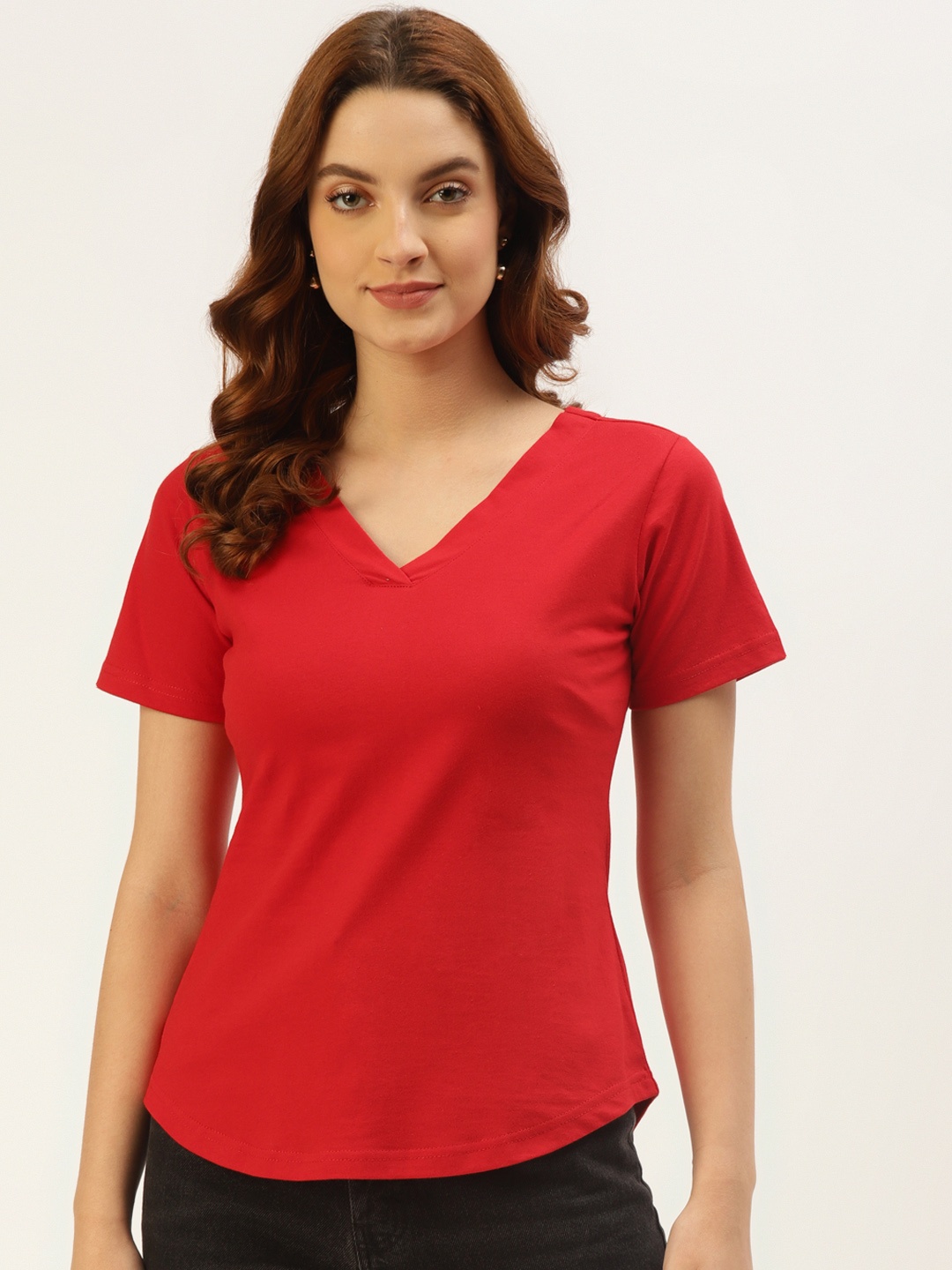 

BRINNS Women Red Solid V-Neck Pure Cotton T-shirt