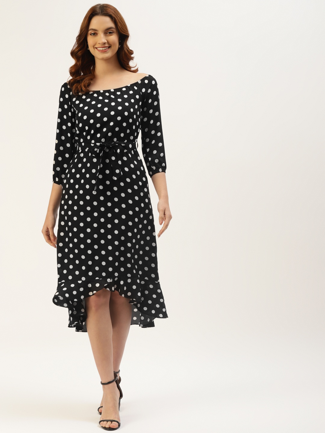 

BRINNS Women Black & White Polka Dots A-Line Midi Dress