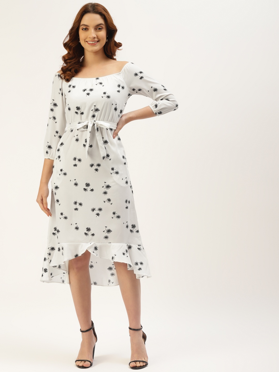 

BRINNS White & Black Floral Print A-Line Midi Dress