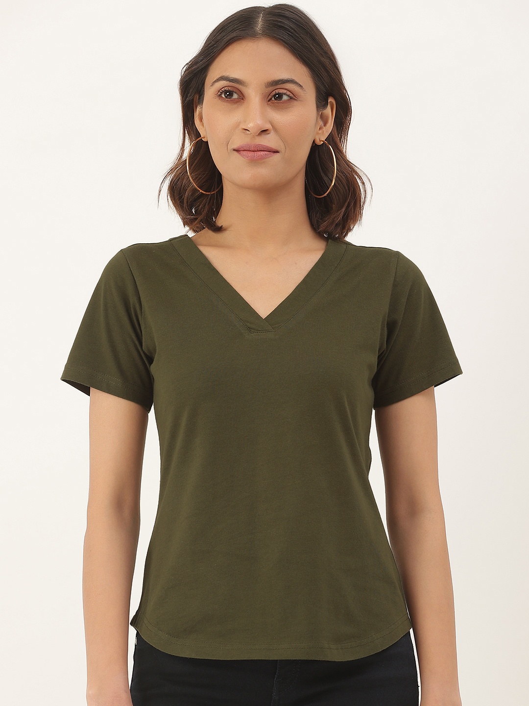 

BRINNS Women Olive Green V-Neck Cotton T-shirt