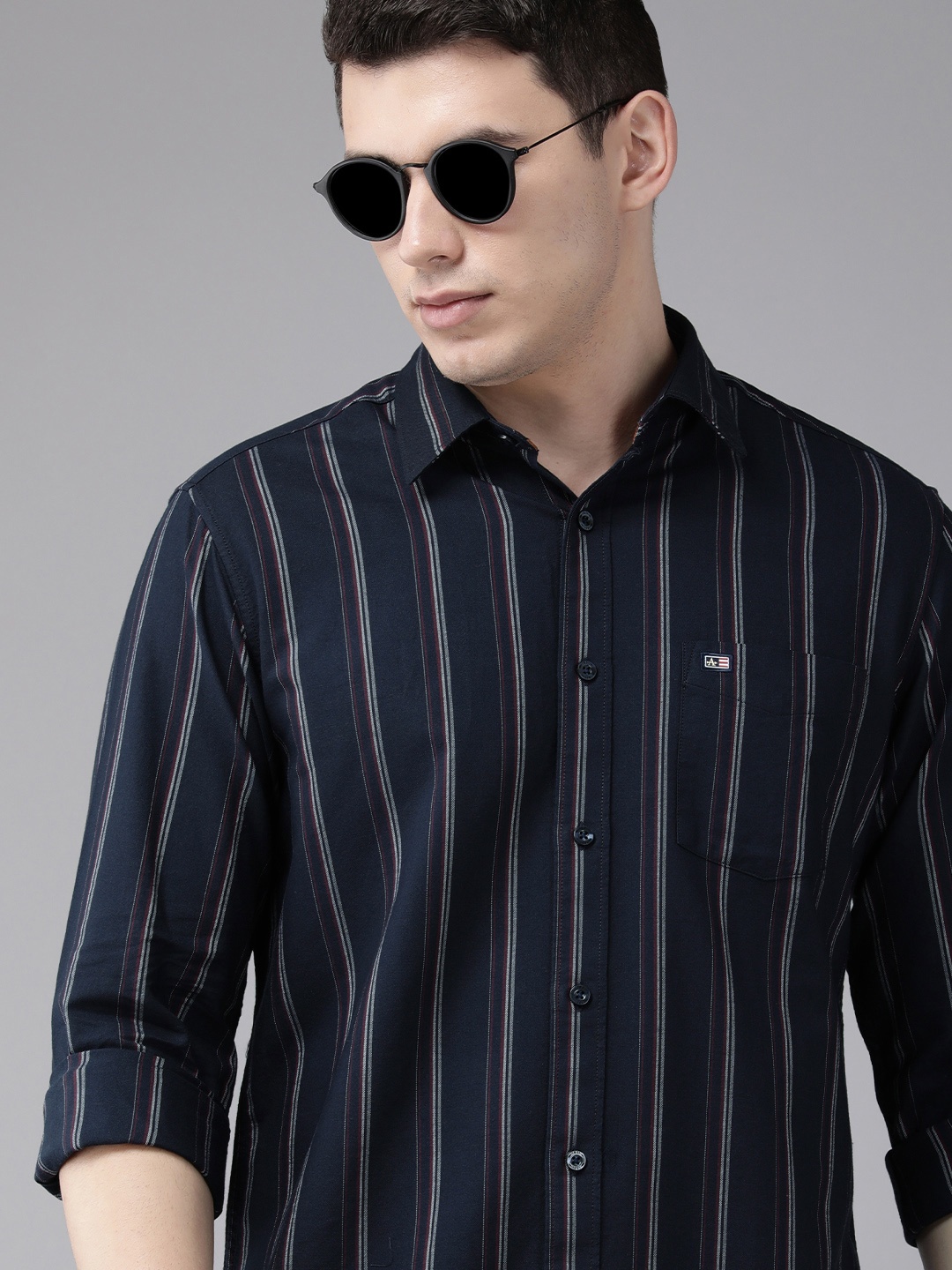

Arrow Men Navy Blue Striped Original Slim Fit Oxford Pure Cotton Casual Shirt