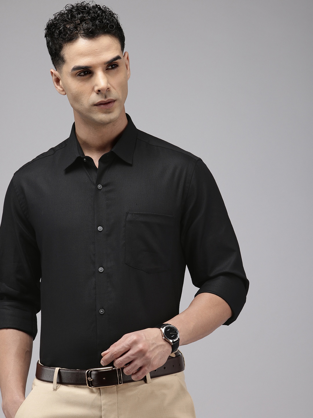 

Arrow Pure Cotton Self Design Manhattan Slim Fit Textured Formal Shirt, Black