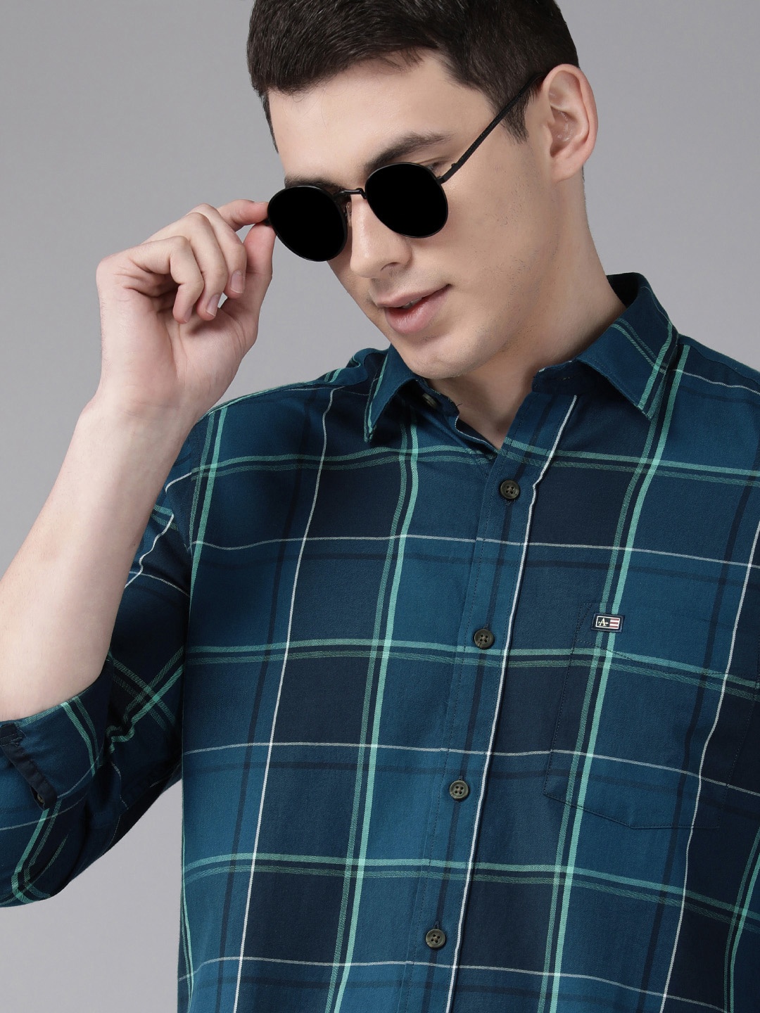 

Arrow Men Navy Blue Windowpane Checked Original Slim Fit Cotton Casual Shirt