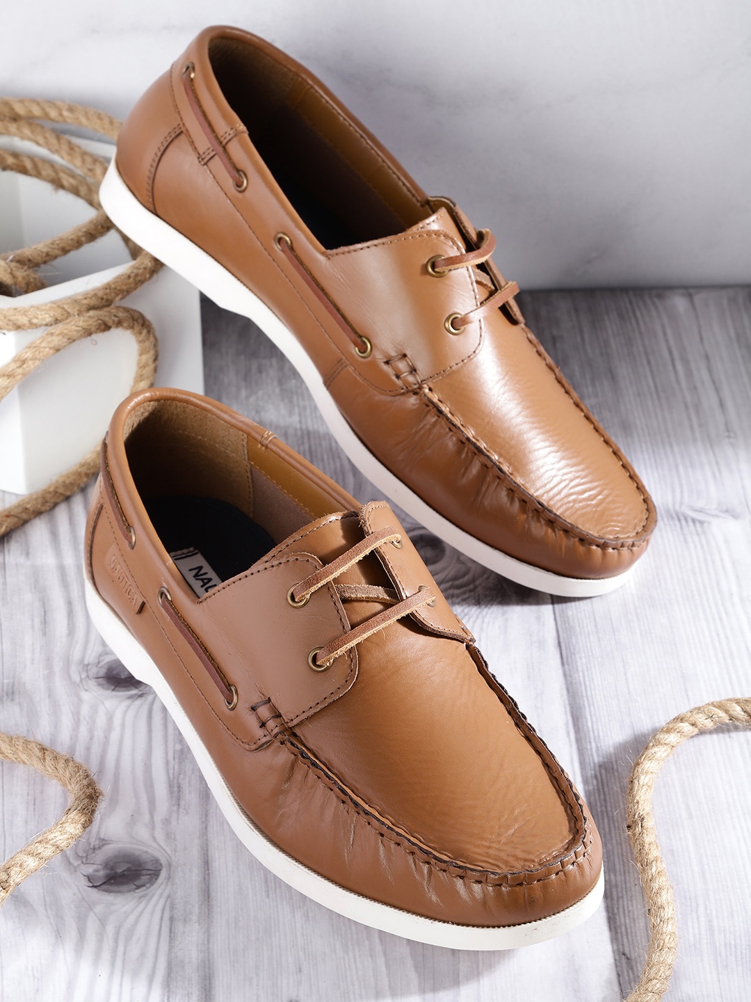 

Nautica Men Brown Solid Leather Boat Shoes
