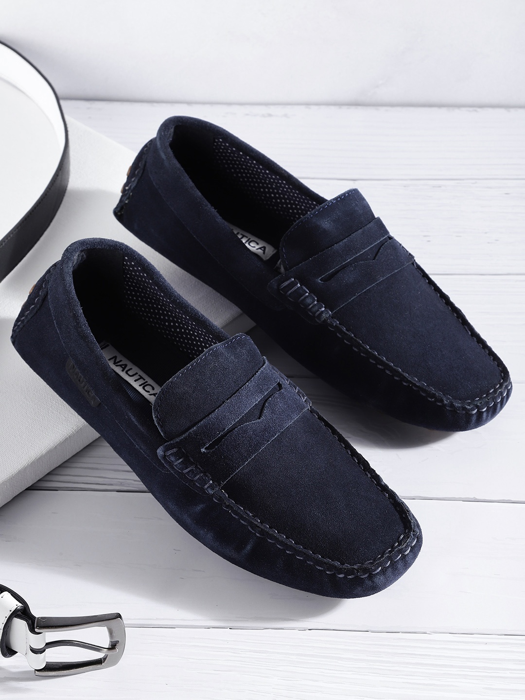 

Nautica Men Navy Blue Solid Leather Driving Shoes