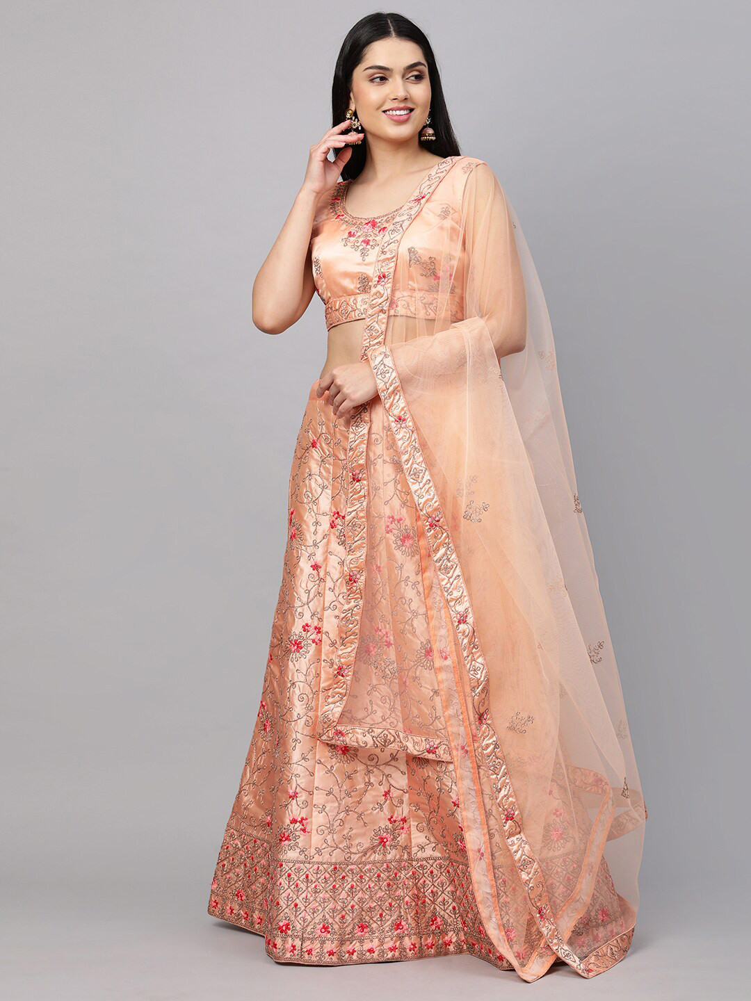 

Rajesh Silk Mills Orange & Silver-Toned Embroidered Semi-Stitched Lehenga & Unstitched Blouse With Dupatta