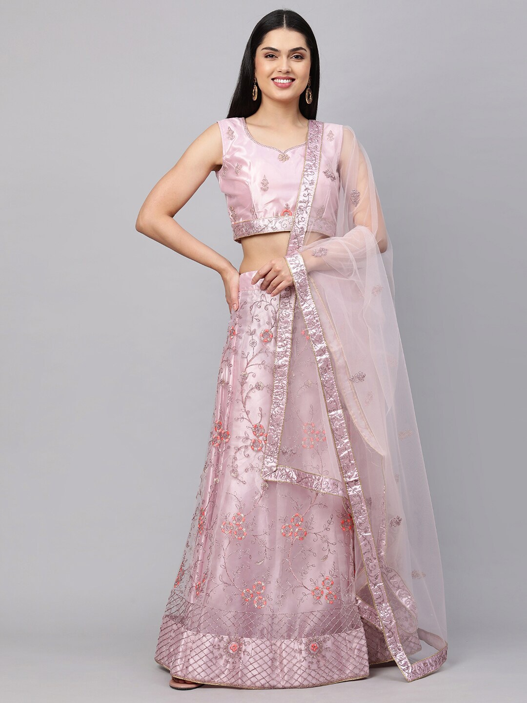

Rajesh Silk Mills Cream & Silver-Toned Embellish Semi-Stitched Lehenga & Choli