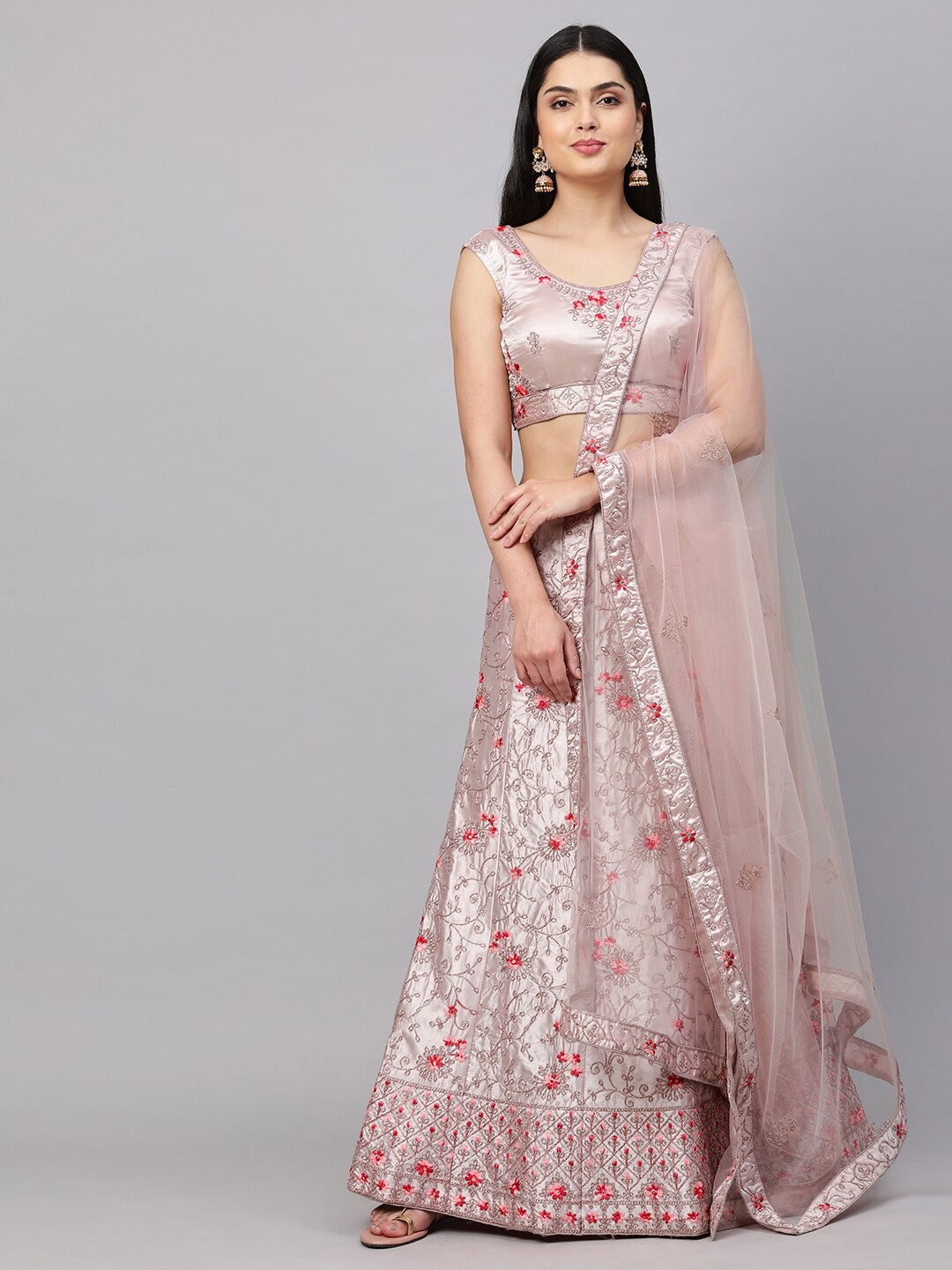 

Rajesh Silk Mills Peach & Silver Semi-Stitched Lehenga Unstitched Blouse & Dupatta