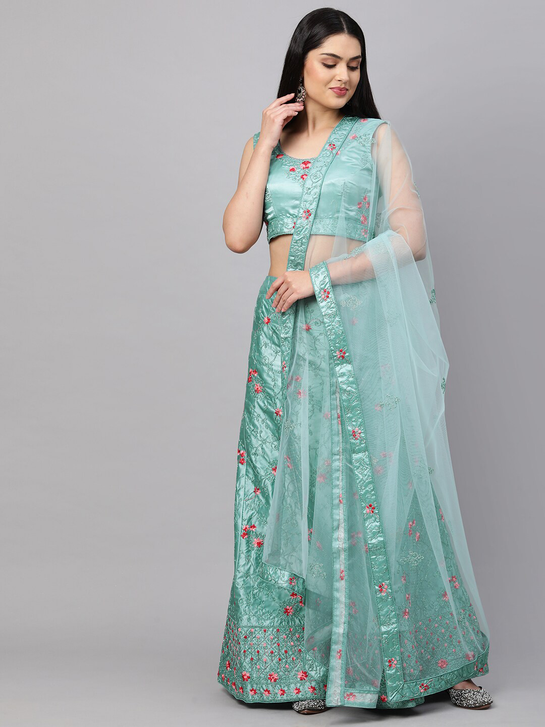 

Rajesh Silk Mills Teal & Silver-Toned Embellished Semi-Stitched Lehenga & Unstitched Blouse With Dupatta