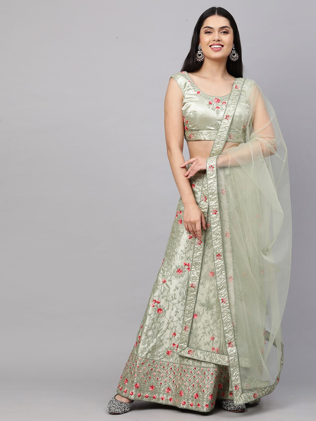 

Rajesh Silk Mills Grey & Silver-Toned Semi-Stitched Lehenga & Unstitched Blouse & Dupatta