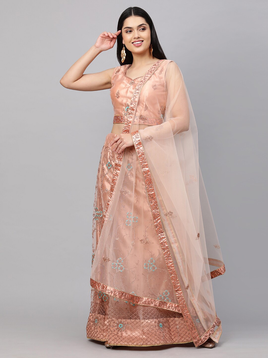 

Rajesh Silk Mills Peach-Coloured & Silver-Toned Embellished Semi-Stitched Lehenga & Unstitched Blouse With