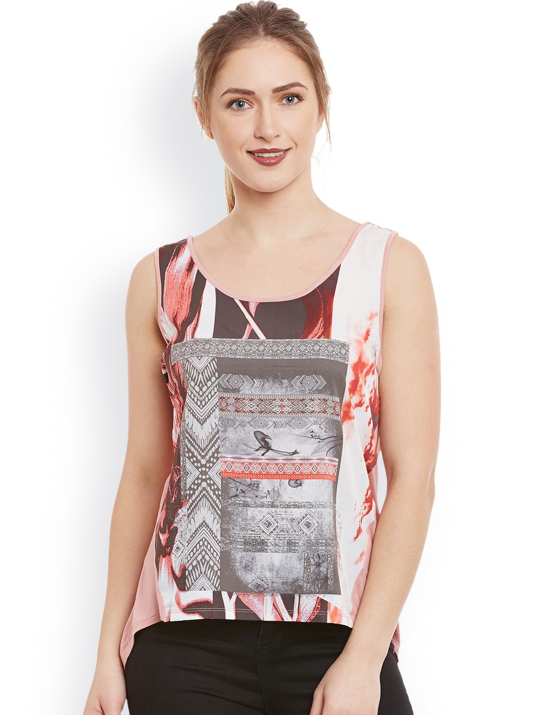 

Kazo Women Pink Printed Scoop Neck Sleeveless T-shirt