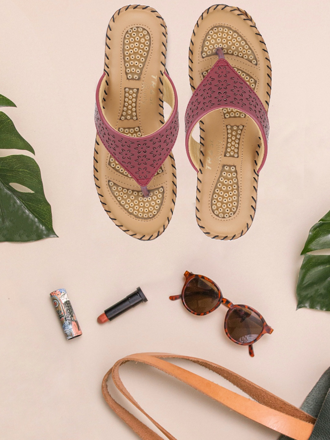 

TRASE Red & Brown Flatform Sandals with Laser Cuts