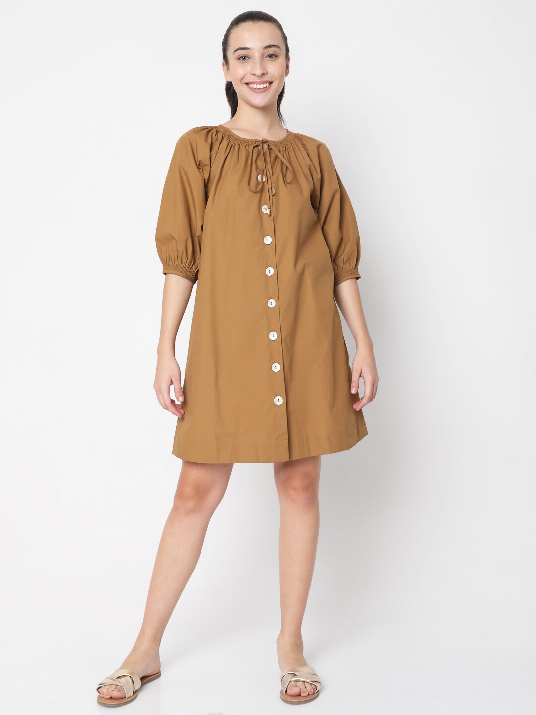 

Vero Moda Brown Tie-Up Neck A-Line Dress