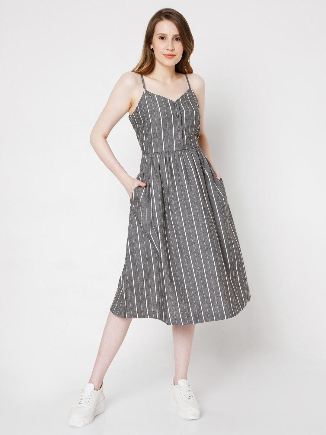 

Vero Moda Grey Striped A-Line Midi Dress