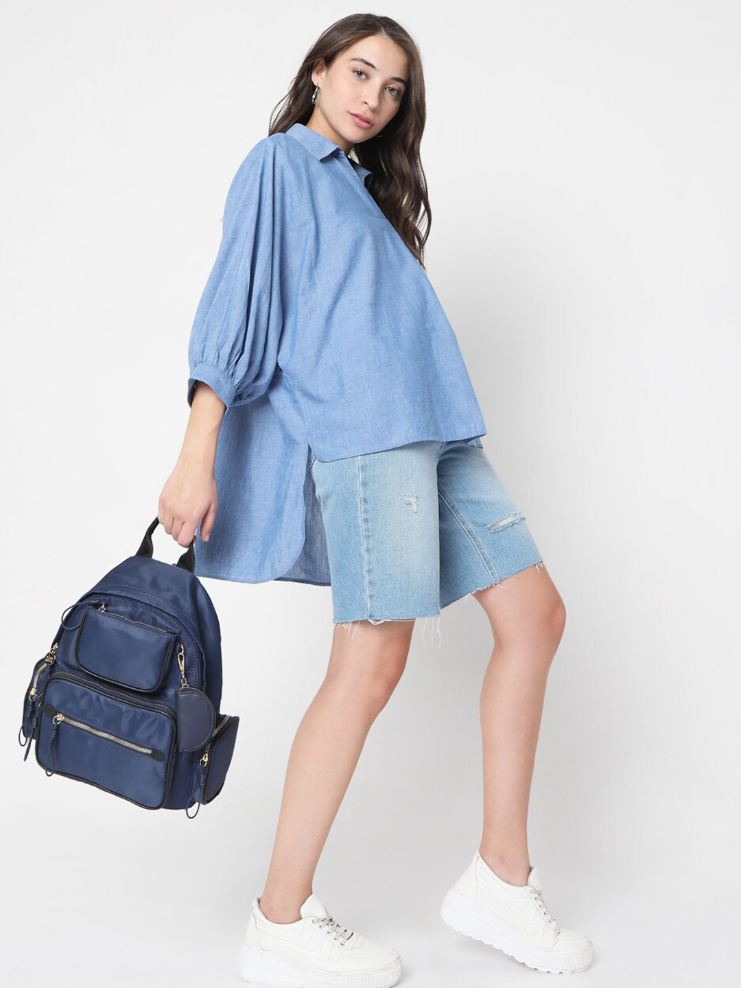 

Vero Moda Blue Solid Pure Cotton Boxy Top