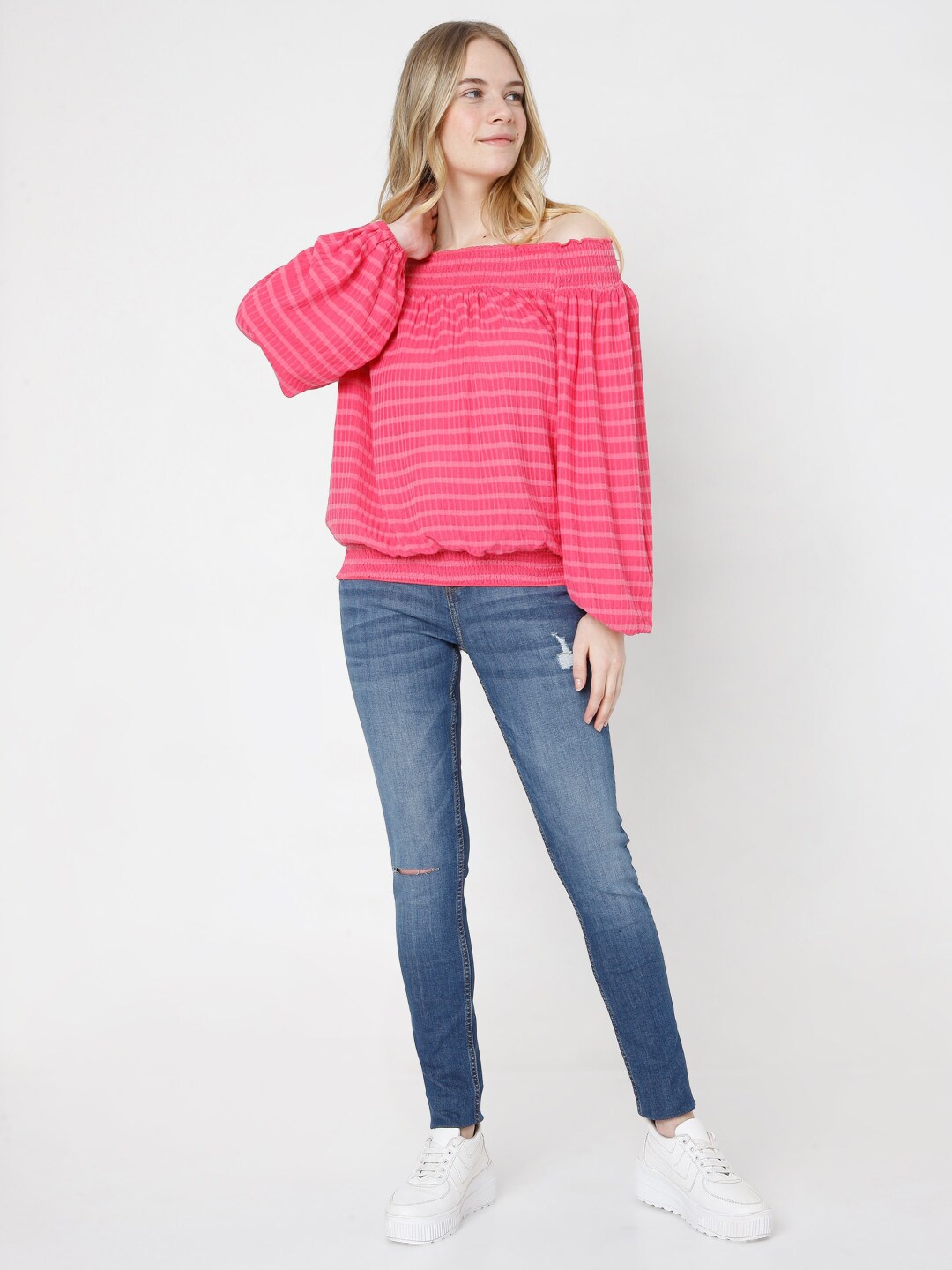 

Vero Moda Women Pink Striped Off-Shoulder Bardot Top