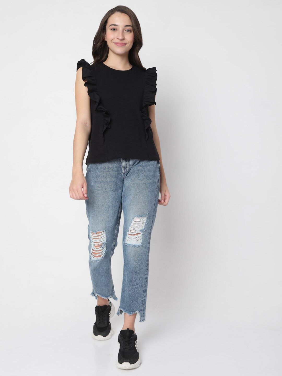 

Vero Moda Women Black Flutter Sleeves Cotton Top