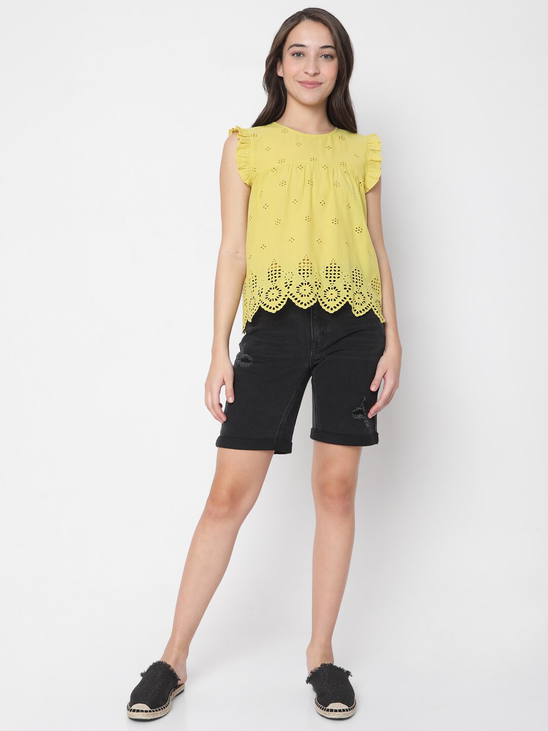 

Vero Moda Yellow Schiffli Embroidered Flutter Sleeves Pure Cotton Top
