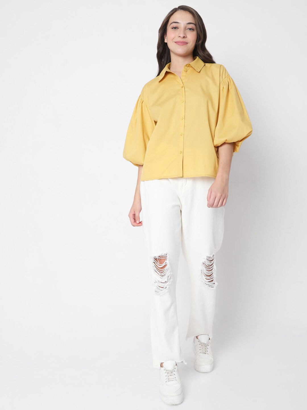 

Vero Moda Yellow Solid Shirt Style Pure Cotton Top