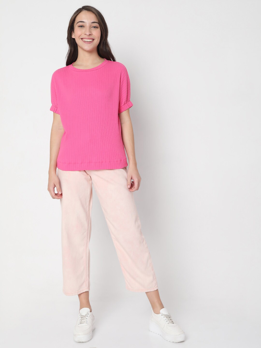 

Vero Moda Women Pink Extended Sleeves Cotton T-shirt