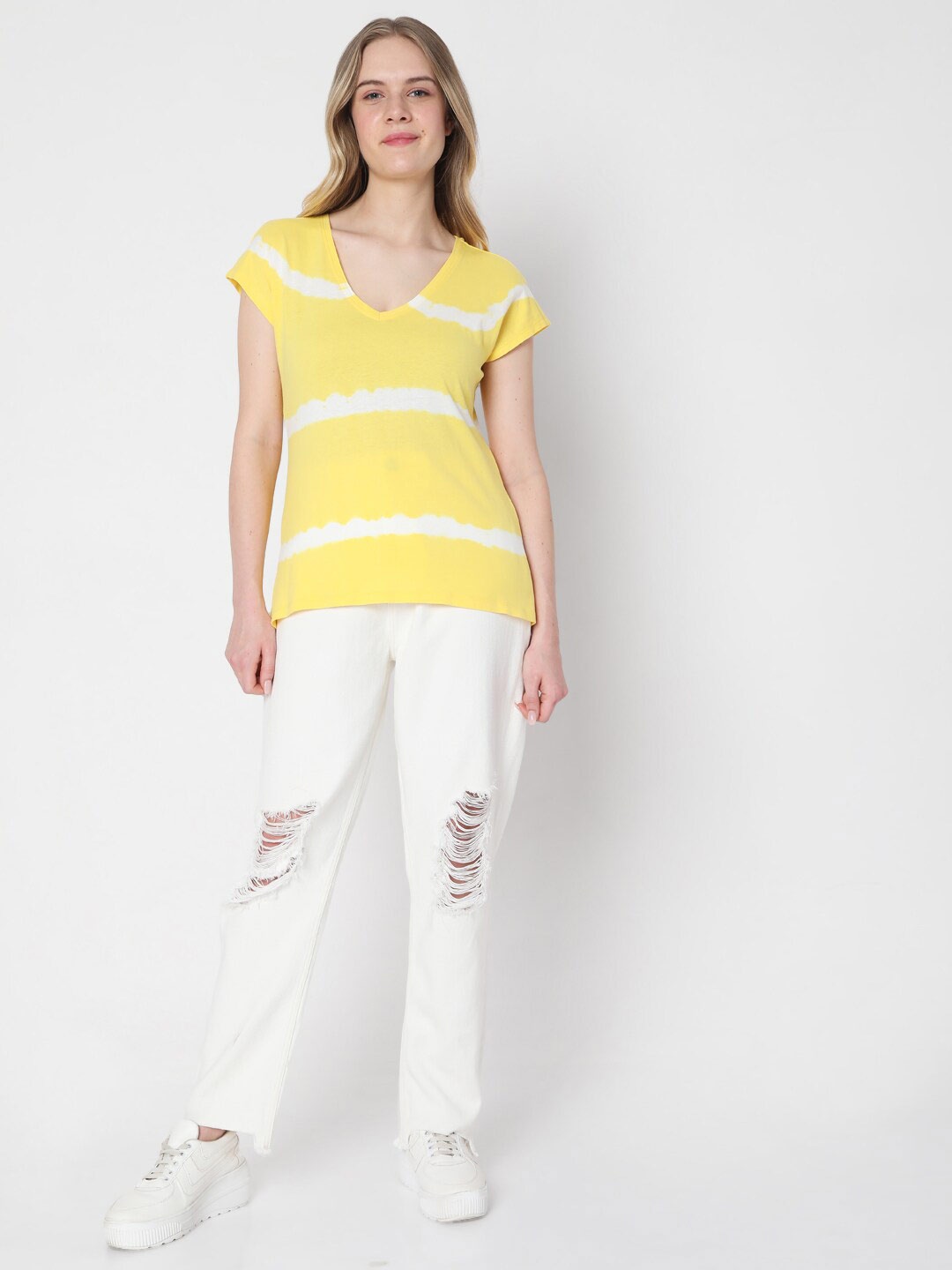

Vero Moda Women Yellow V-Neck Pure Cotton T-shirt