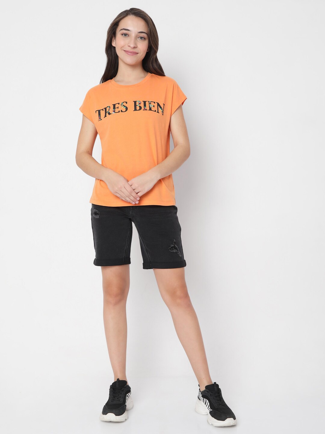 

Vero Moda Women Orange Typography Printed Extended Sleeves Pure Cotton T-shirt