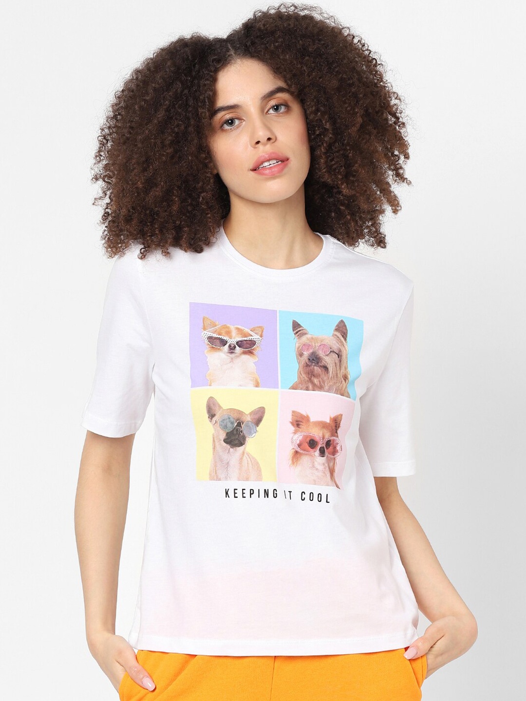 

ONLY Women White Printed Cotton T-shirt