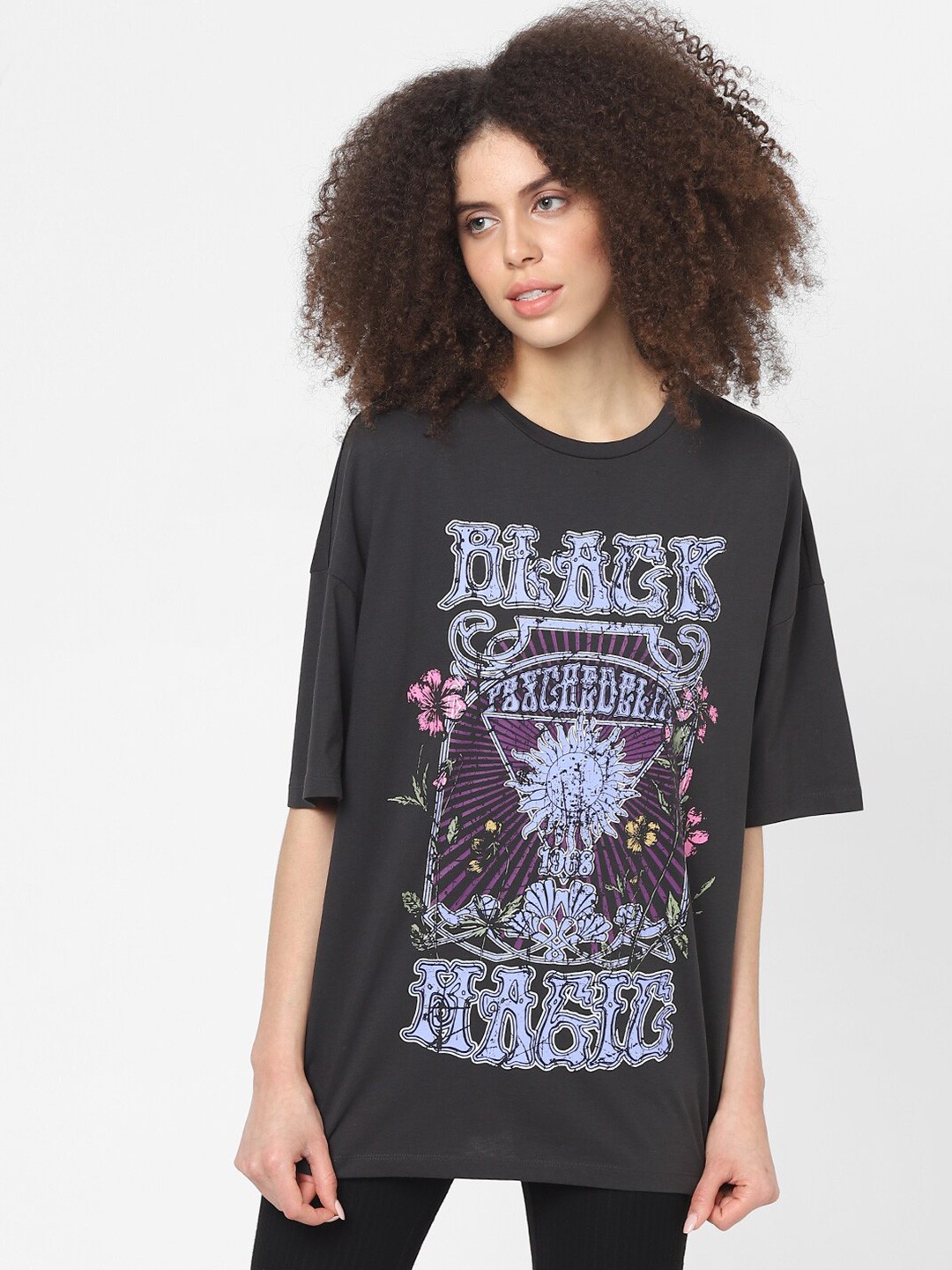 

ONLY Women Grey Printed Drop-Shoulder Sleeves T-shirt
