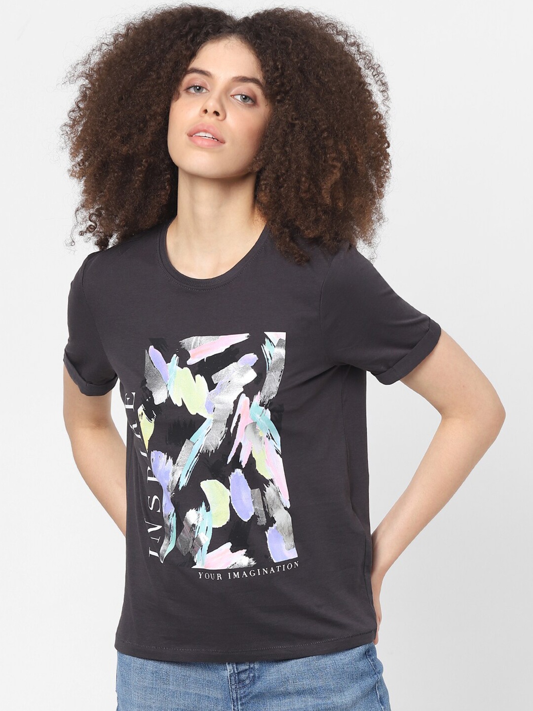 

ONLY Women Black & Lavender Abstract Printed Raw Edge T-shirt