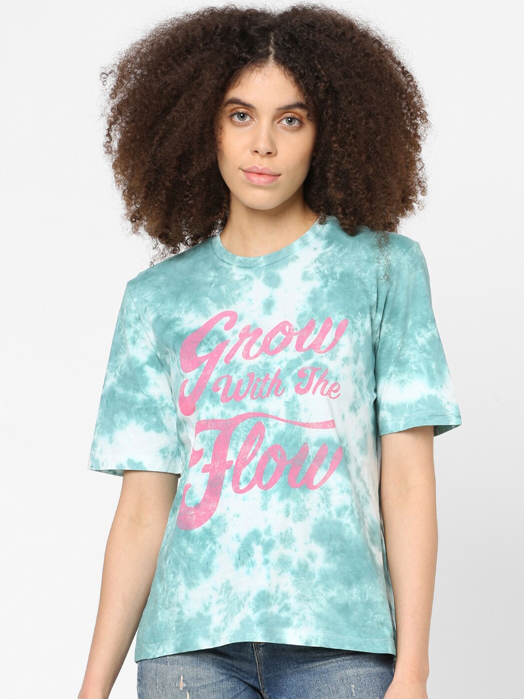 

ONLY Women Mint Green & White Tie and Dye Dyed T-shirt