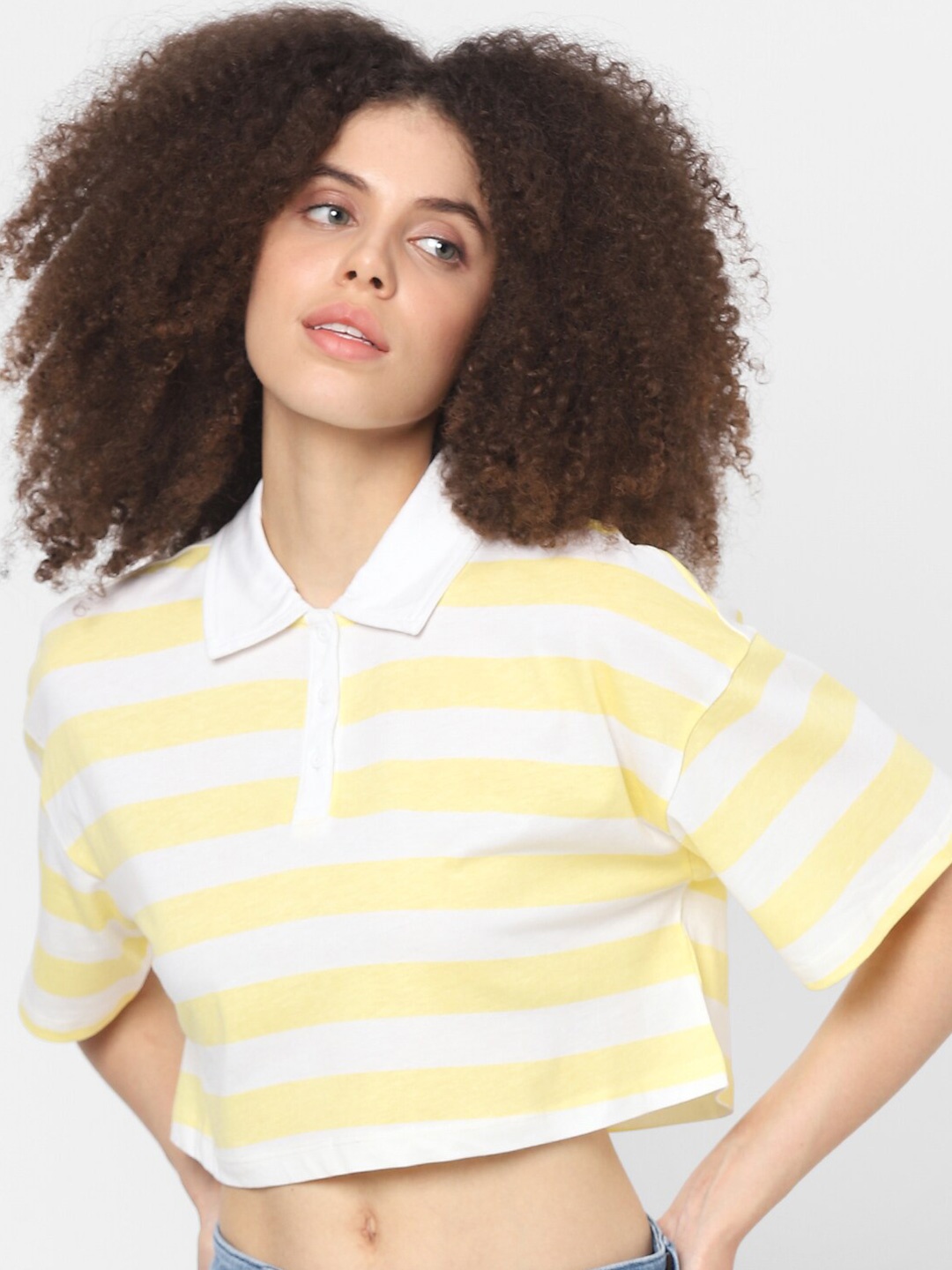 

ONLY Women Yellow & Off White Striped Polo Collar T-shirt