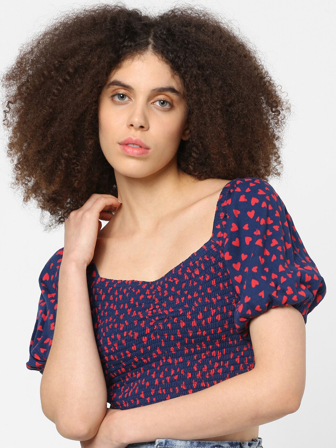 

ONLY Blue & Pink Geometric Printed Smocked Top