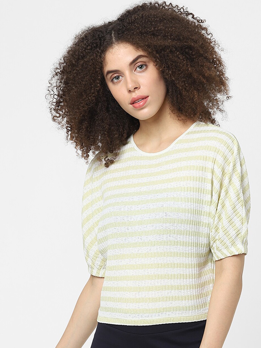 

ONLY Yellow & White Striped Round Neck Regular Top