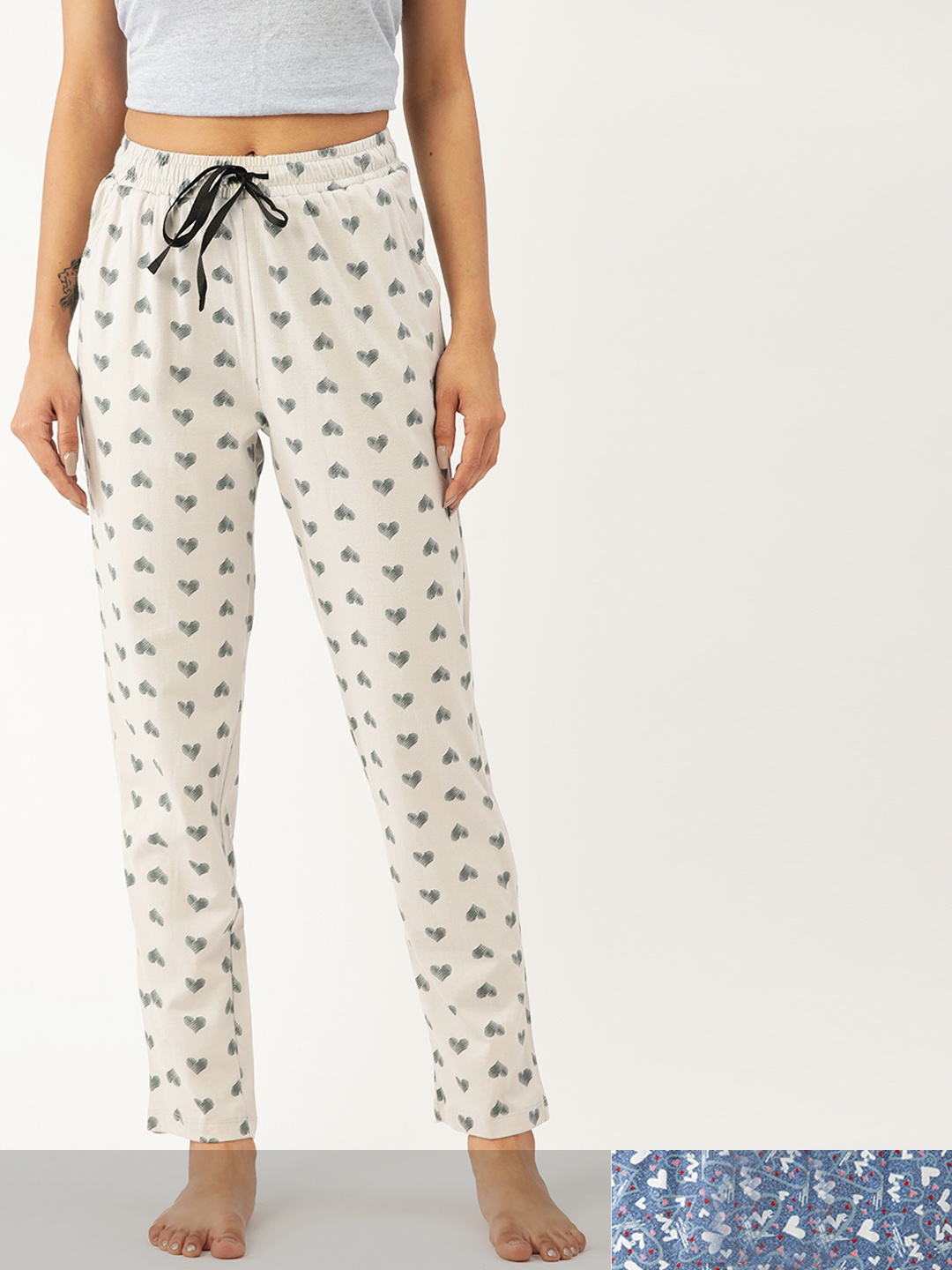 

ETC Women Pack of 2 Off-White & Blue Conversational Print Pure Cotton Lounge Pants