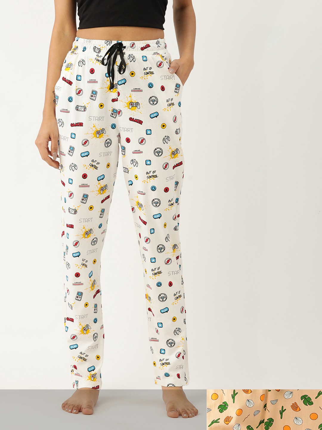 

ETC Women Pack of 2 White & Beige Conversational Print Pure Cotton Lounge Pants