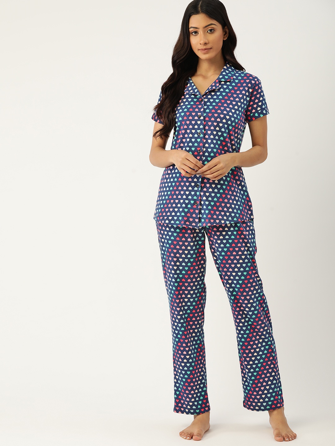 

ETC Women Blue & Pink Pure Cotton Conversational Print Night suit