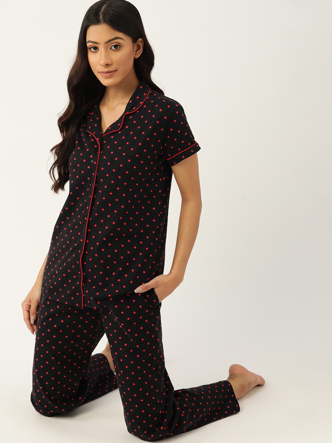 

ETC Women Black & Red Pure Cotton Polka Dot Print Night suit