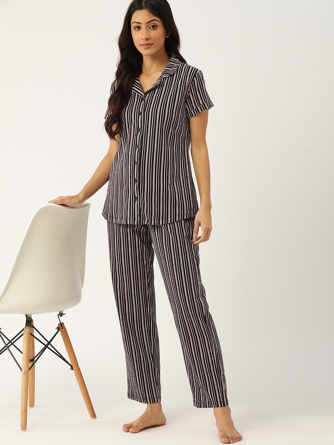 

ETC Women Black & White Striped Cotton Pyjama Set