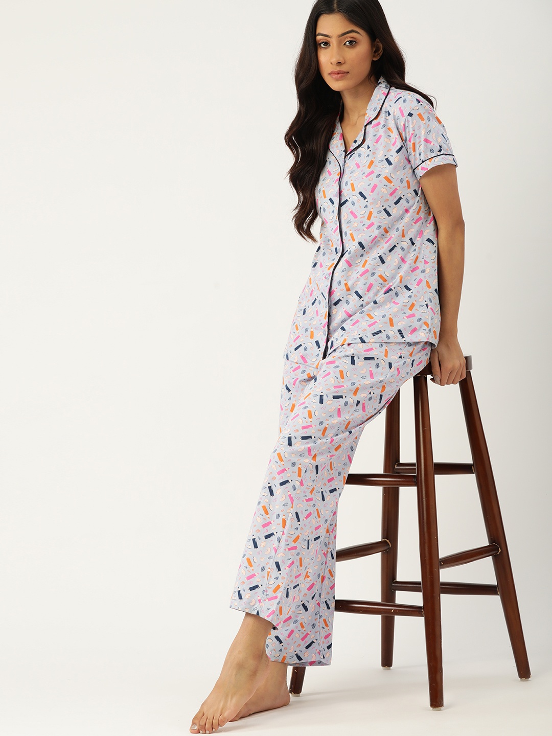 

ETC Women Blue & Pink Printed Cotton Pyjama Set