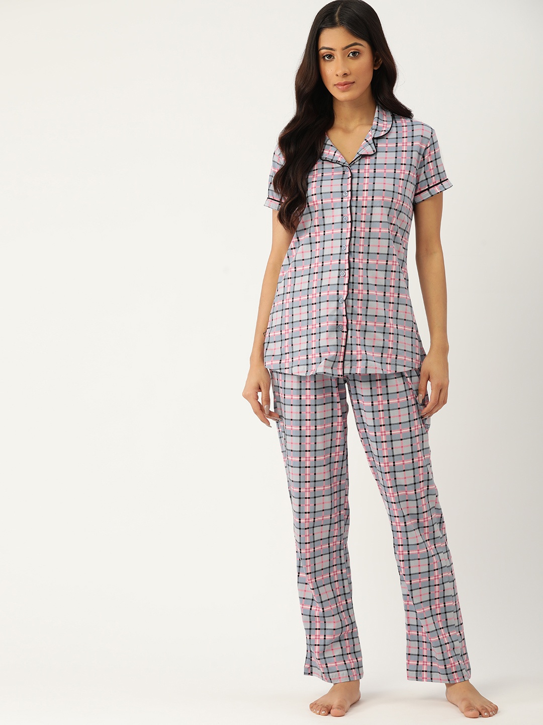 

ETC Women Grey & Pink Checked Cotton Pyjama Set